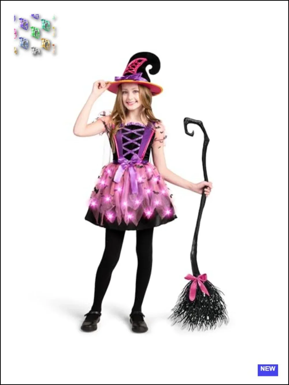 Girls Light Up Witch Costume with Hat and Broom for Halloween